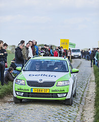 Image showing The Car of BelkinTeam on the Roads of Paris Roubaix Cycling Race