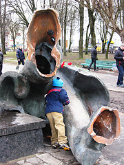 Image showing thrown big monument to Lenin in Chernihiv in 2014