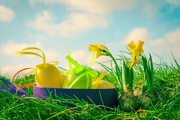 Image showing Easter photo with eggs and daffodils