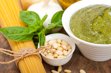 Image showing Italian traditional basil pesto pasta ingredients