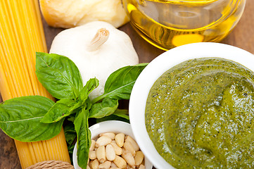 Image showing Italian traditional basil pesto pasta ingredients