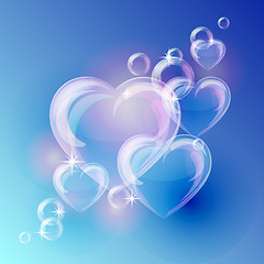 Image showing Romantic background with bubble hearts shapes on blue background. 