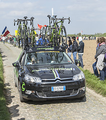 Image showing The Car of Cannondale Team on the Roads of Paris Roubaix Cycling