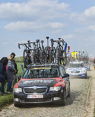 Image showing The Car of BMC Racing Team on the Roads of Paris Roubaix Cycling