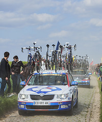 Image showing The Car of FDJ.fr Team on the Roads of Paris Roubaix Cycling Rac