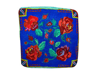 Image showing blue pillow embroidered with red thread