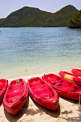 Image showing  boat coastline of a  green lagoon and tree   