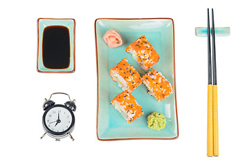 Image showing Sushi rolls. Top view. Time to eat concept.