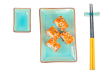 Image showing Sushi rolls with masago. Top view.