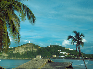Image showing beach landscape San Juan del Sur Nicaragua with statue Jesus Chr
