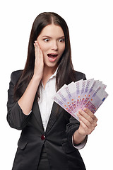 Image showing Excited woman with euro money in han