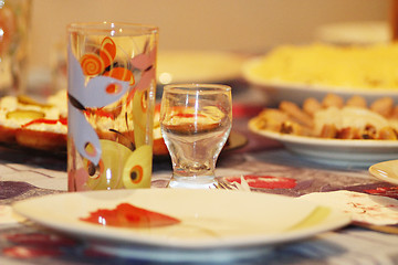 Image showing crockery glass plate wine-glass on served table