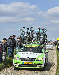 Image showing The Car of BelkinTeam on the Roads of Paris Roubaix Cycling Race