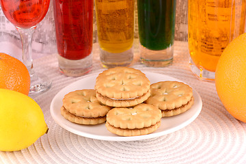 Image showing sweet cake on white plate and fruits