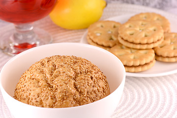 Image showing sweet cake on white plate and fruits