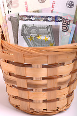 Image showing money set in a basket, dollars, euro and ukrainian money