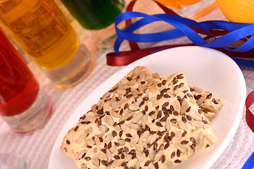 Image showing sweet cake on white plate and fruits