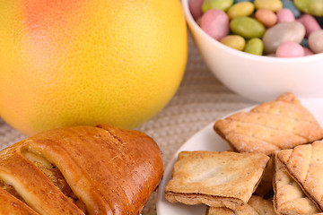 Image showing sweet cake on white plate and fruits