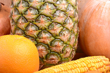 Image showing fresh pineapple with corn and orange