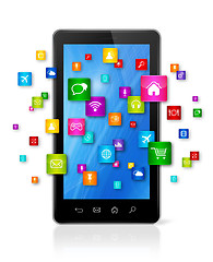 Image showing Mobile Phone and flying apps icons