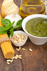 Image showing Italian traditional basil pesto pasta ingredients