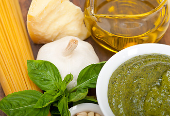 Image showing Italian traditional basil pesto pasta ingredients