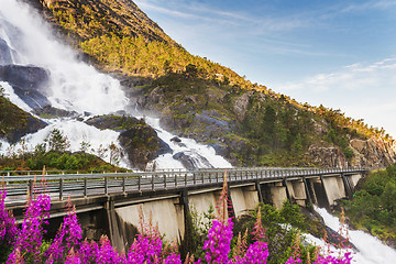 Image showing Road in Norway passing over the waterfall Langfoss