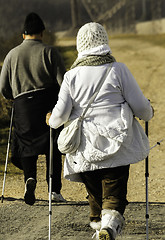 Image showing Senior couple walking down the path