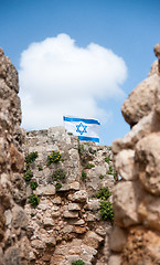 Image showing Israeli flag over Kakun castle ruins