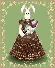 Image showing Easter card.  Illustration of an easter rabbit with egg. Illustr