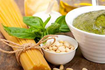 Image showing Italian traditional basil pesto pasta ingredients