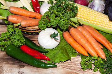 Image showing Carrots and fresh greenery