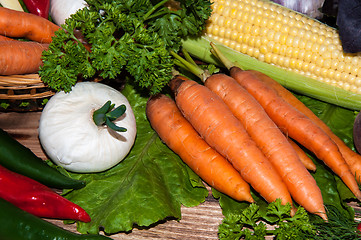 Image showing Carrots and fresh greenery