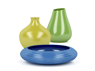 Image showing Colorful vases and bowl