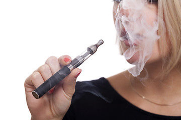 Image showing Close up Blond Woman Smoking Using E- Cigarette