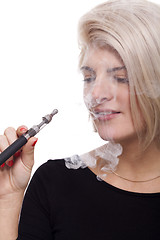 Image showing Close up Blond Woman Smoking Using E- Cigarette