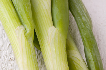 Image showing Bunch of fresh leeks or scallions