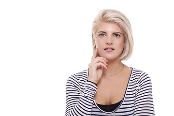 Image showing Smiling Pretty Blond Woman in Casual Stripe Shirt