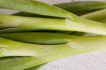 Image showing Bunch of fresh leeks or scallions