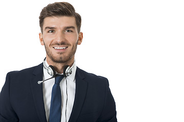 Image showing Man wearing headset with stereo headphones