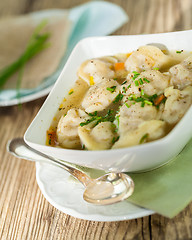 Image showing Dish of savory pork tortellini in broth pelmeni russian