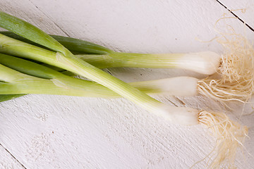 Image showing Bunch of fresh leeks or scallions