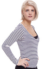 Image showing Smiling Pretty Blond Woman in Casual Stripe Shirt