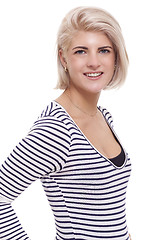 Image showing Smiling Pretty Blond Woman in Casual Stripe Shirt