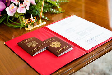 Image showing Russian passports in the registry office.