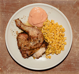 Image showing grilled chicken with corn and hot sauce