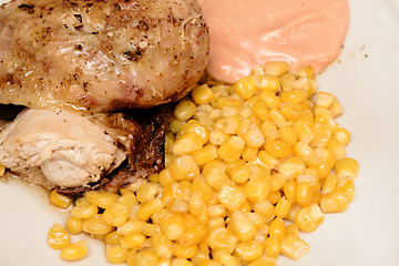 Image showing grilled chicken with corn and hot sauce