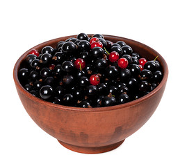 Image showing Blackcurrants with redcurrants in ceramic bowl