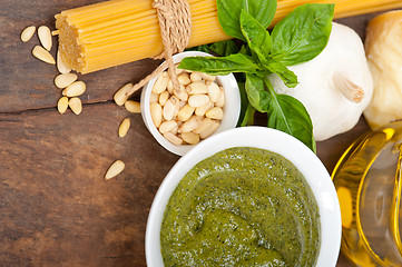 Image showing Italian traditional basil pesto pasta ingredients