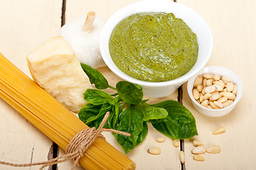 Image showing Italian traditional basil pesto pasta ingredients